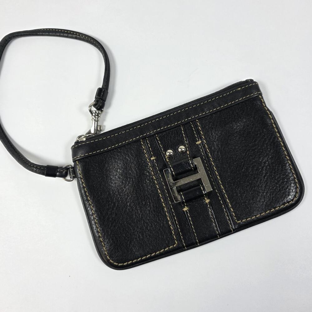 Fossil Pebbled Black Leather Wristlet Clutch Zip Top Strap Buckle Detail